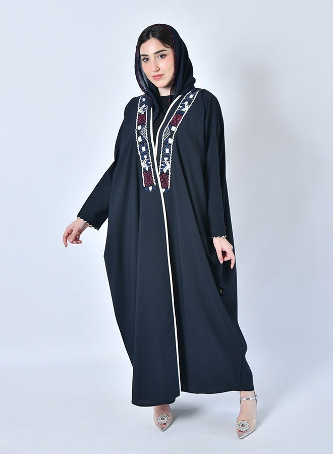 HAWRAA ABAYA Navy wrap abaya, half-bisht style, with hand embroidery and beadwork along both sides of the abaya - Image 5
